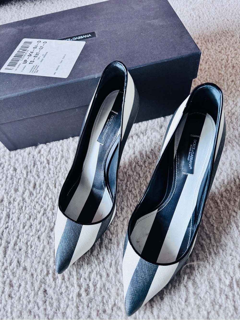 Dolce & Gabbana Black and White Pointed Toe Striped Pumps